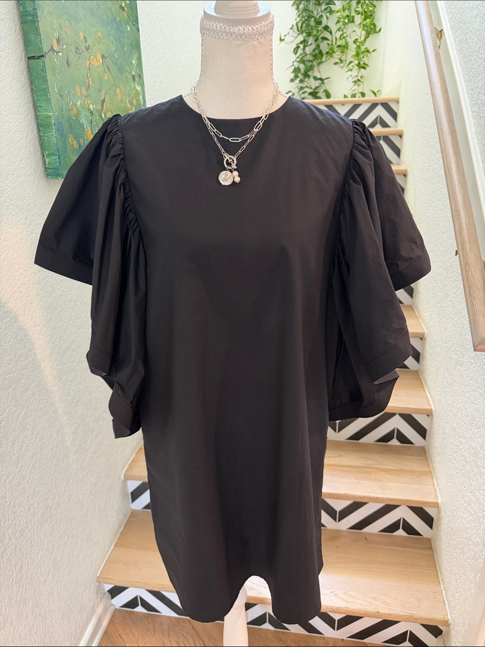 Gracia Black Puff Sleeve Tunic Mini Dress SZ Small 100%Cotton and Lined